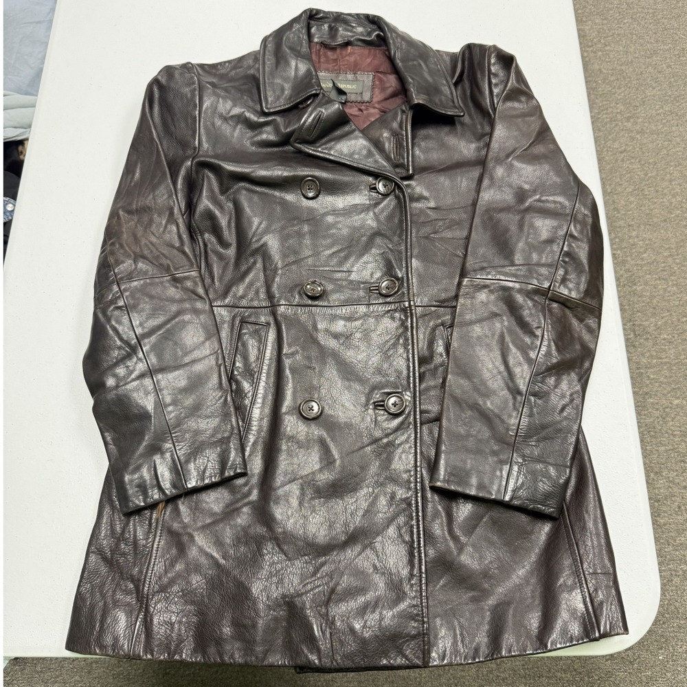Banana Republic Leather Coat Womens M Brown Fair Double Breasted Car Jacket
